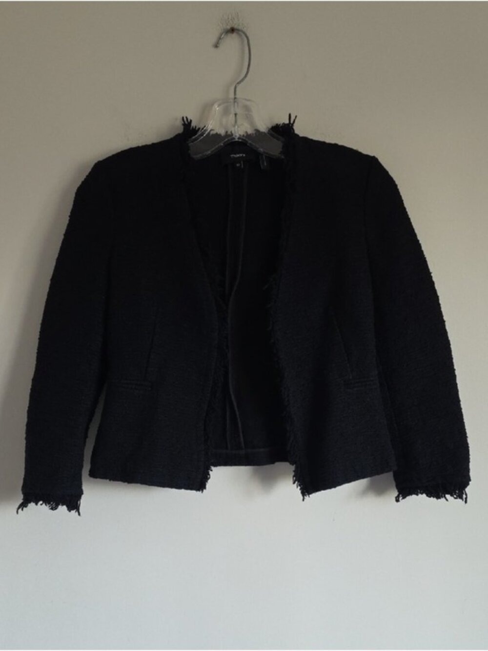 THEORY | Lindrayia R. Spring Tweed Blazer Jacket  Black Cotton Fringed Sz 00